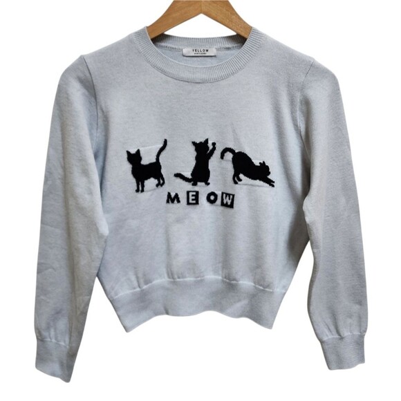 Cat Sweater Womens Sz S M Knit Gray Black Meow Spell Out Crop Stretchy Long Slv - Picture 10 of 10